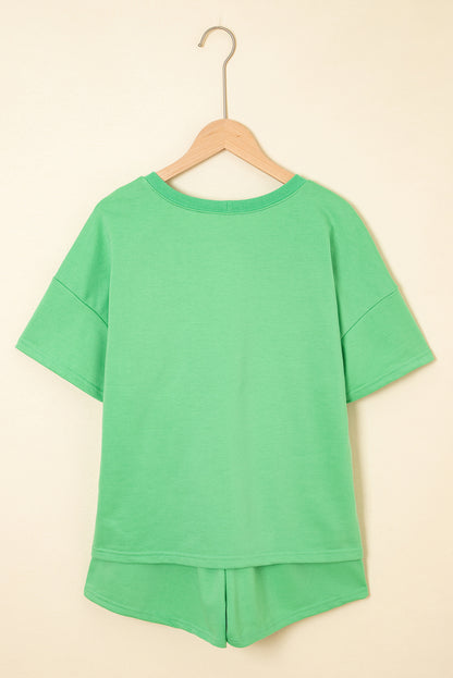 Mint Green V Neck Drop Shoulder Tee and Patchwork Drawstring Shorts Set