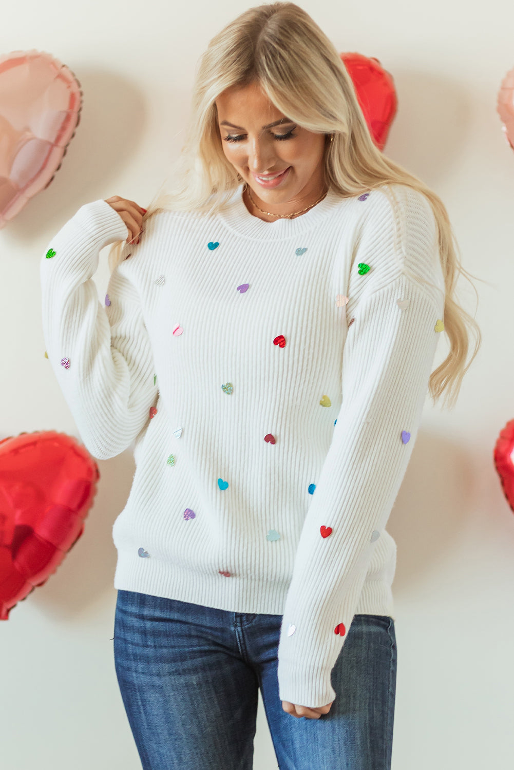 Beige Sequin Heart Shape Waffle Knit Round Neck Sweater