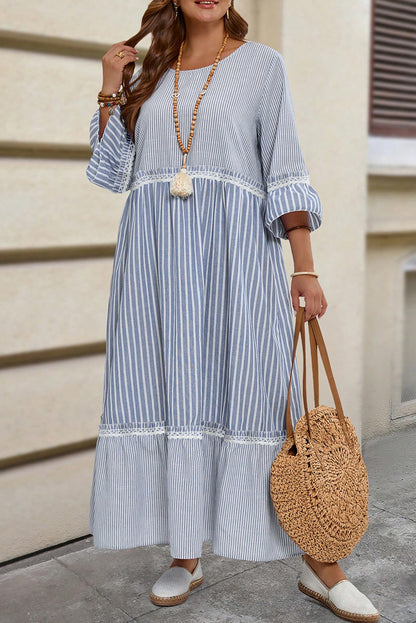 Sky Blue Stripe Crisscross Lace Detail Mixed Striped Patchwork Plus Size Shift Long Dress