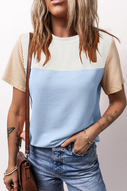 Light Blue Rib Textured Colorblock T Shirt