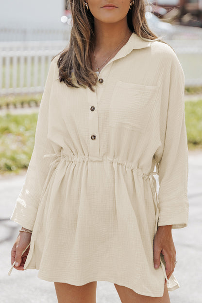 Beige Button Pockets Drawstring Waist Dress