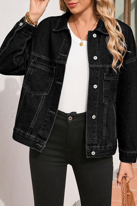 Black Washed Oversize Pocketed Denim Jacket