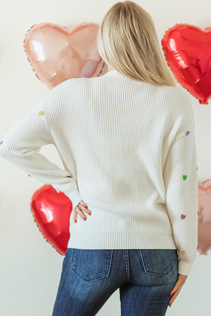 Beige Sequin Heart Shape Waffle Knit Round Neck Sweater