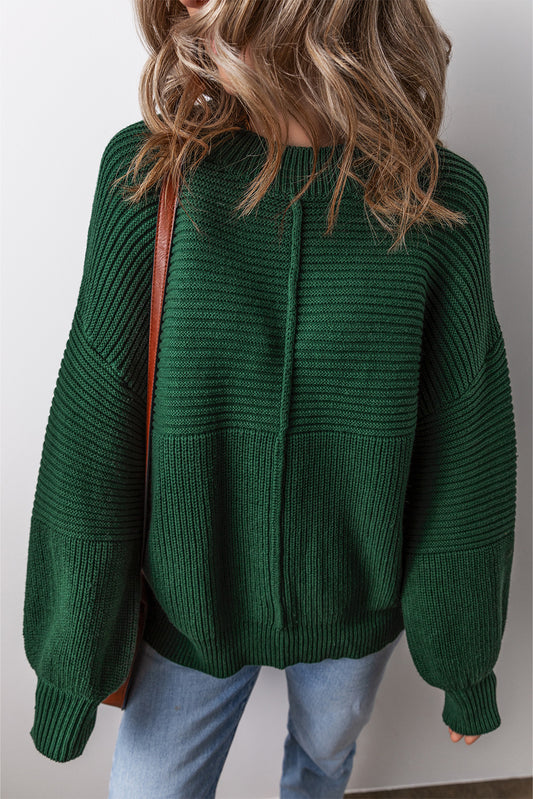 Blackish Green Textured Knit Crewneck Lantern Sleeve Sweater