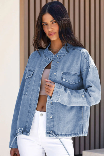 Sky Blue Roll-Up Tab Sleeve Button Down Pocket Denim Jacket