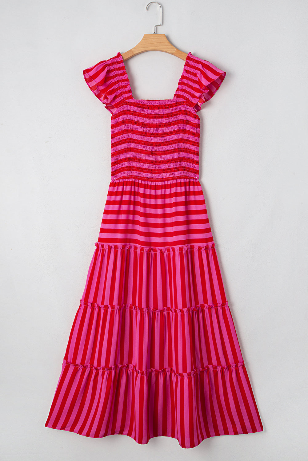 Rose Stripe Flutter Sleeve Smocked Bodice Tiered Maxi Dress