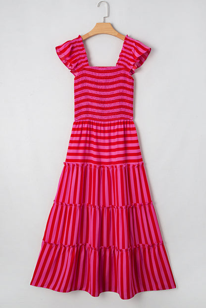 Rose Stripe Flutter Sleeve Smocked Bodice Tiered Maxi Dress