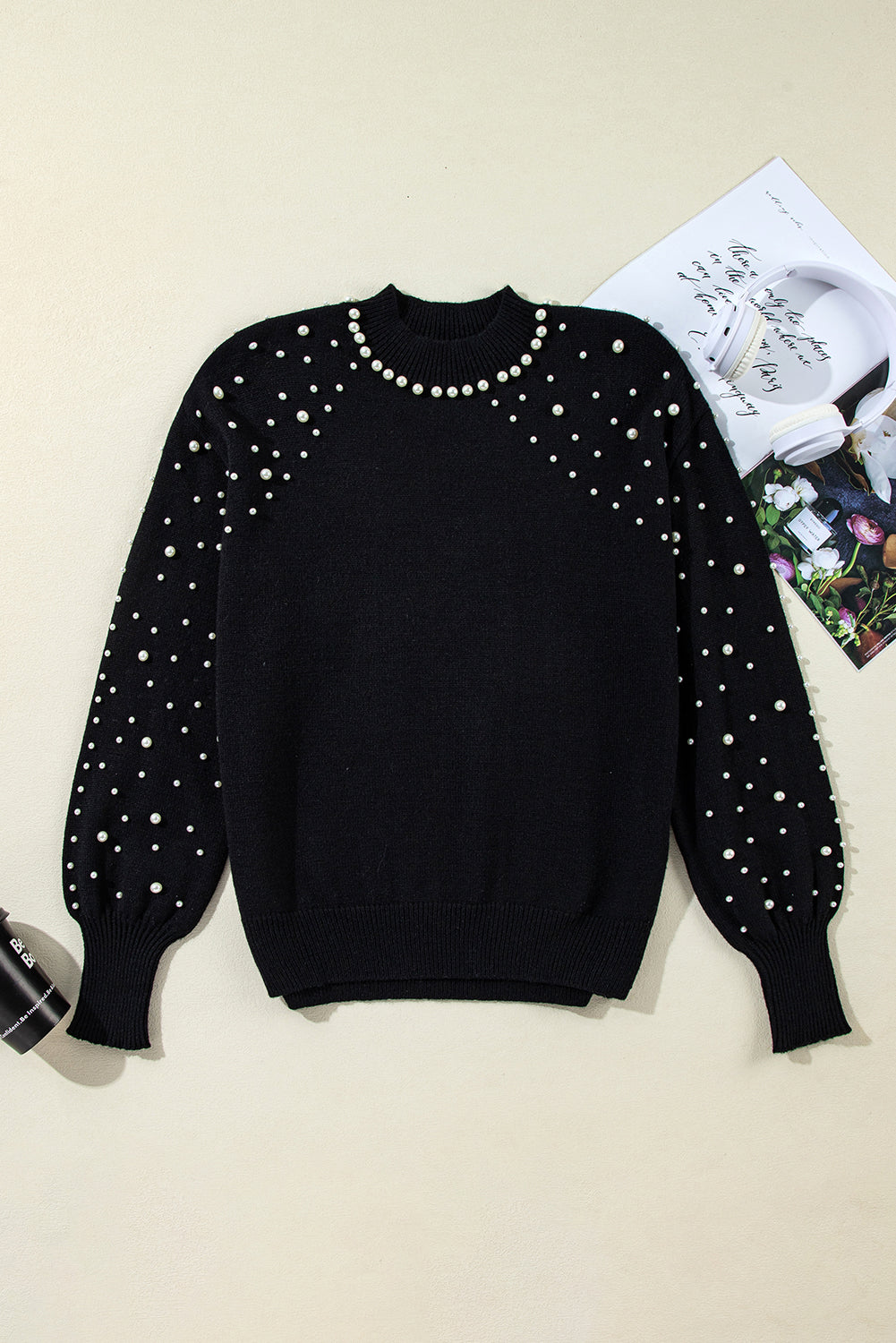 Black Pearl Beaded Bishop Sleeve Sweater