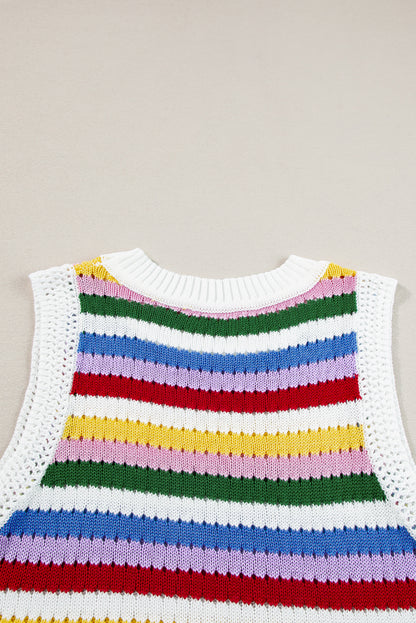 Multicolour Striped Knitted Eyelet Slim Sweater Vest