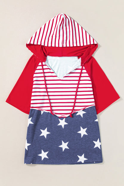 Fiery Red Stars and Stripes Print Drawstring Hooded T Shirt