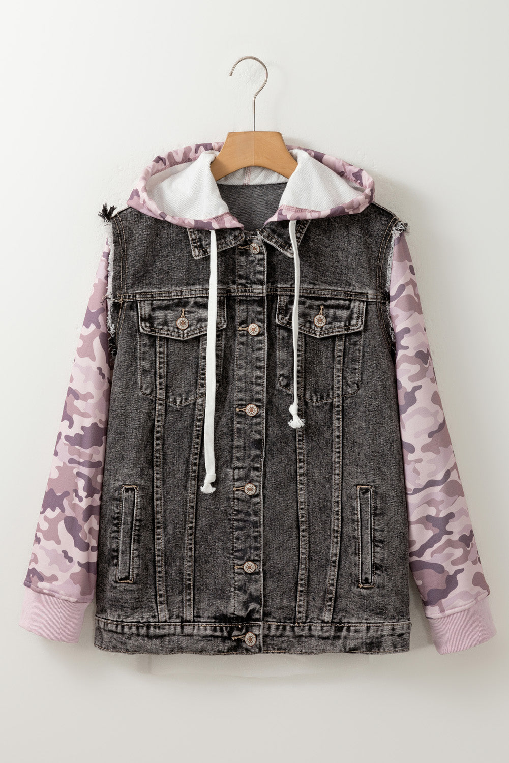 Black Camo Sleeve Hooded Buttoned Denim Jacket