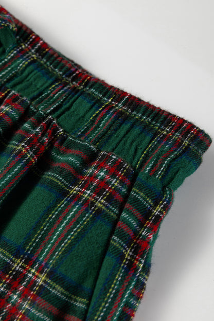 Green Plaid Contrast Patched Christmas Holiday Long Sleeve Shirt and Short 2pcs Pajama Set