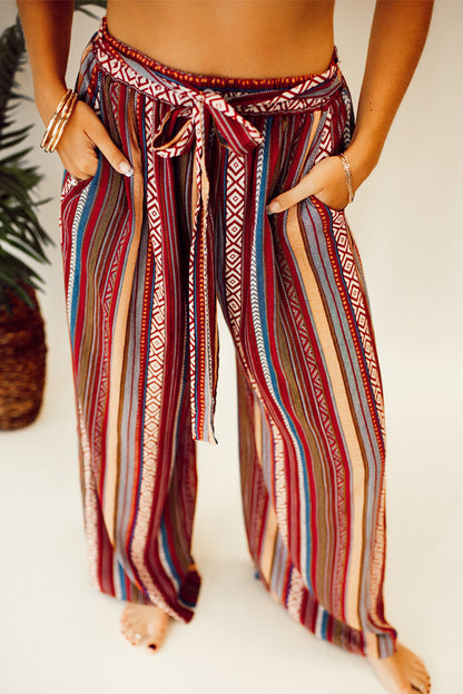 Red Boho Ethnic Striped Print Tie Waist Wide Leg Pants