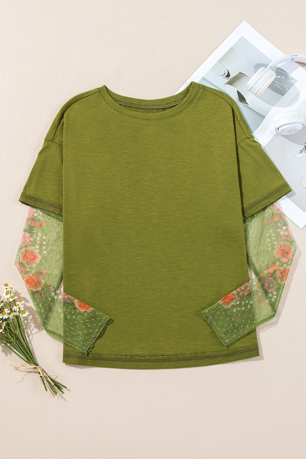 Fern Green Faux Two Piece Floral Long Sleeve Patchwork Tee