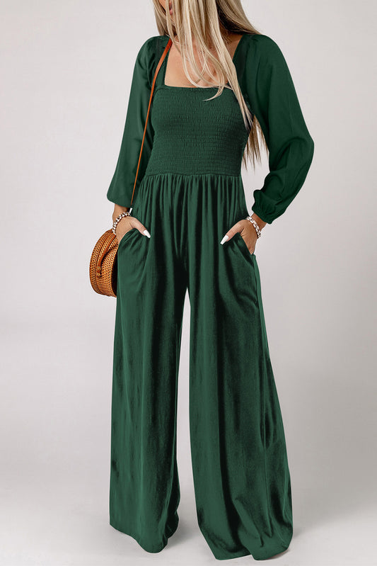 Green Smocked Square Neck Long Sleeve Wide Leg Jumpsuit