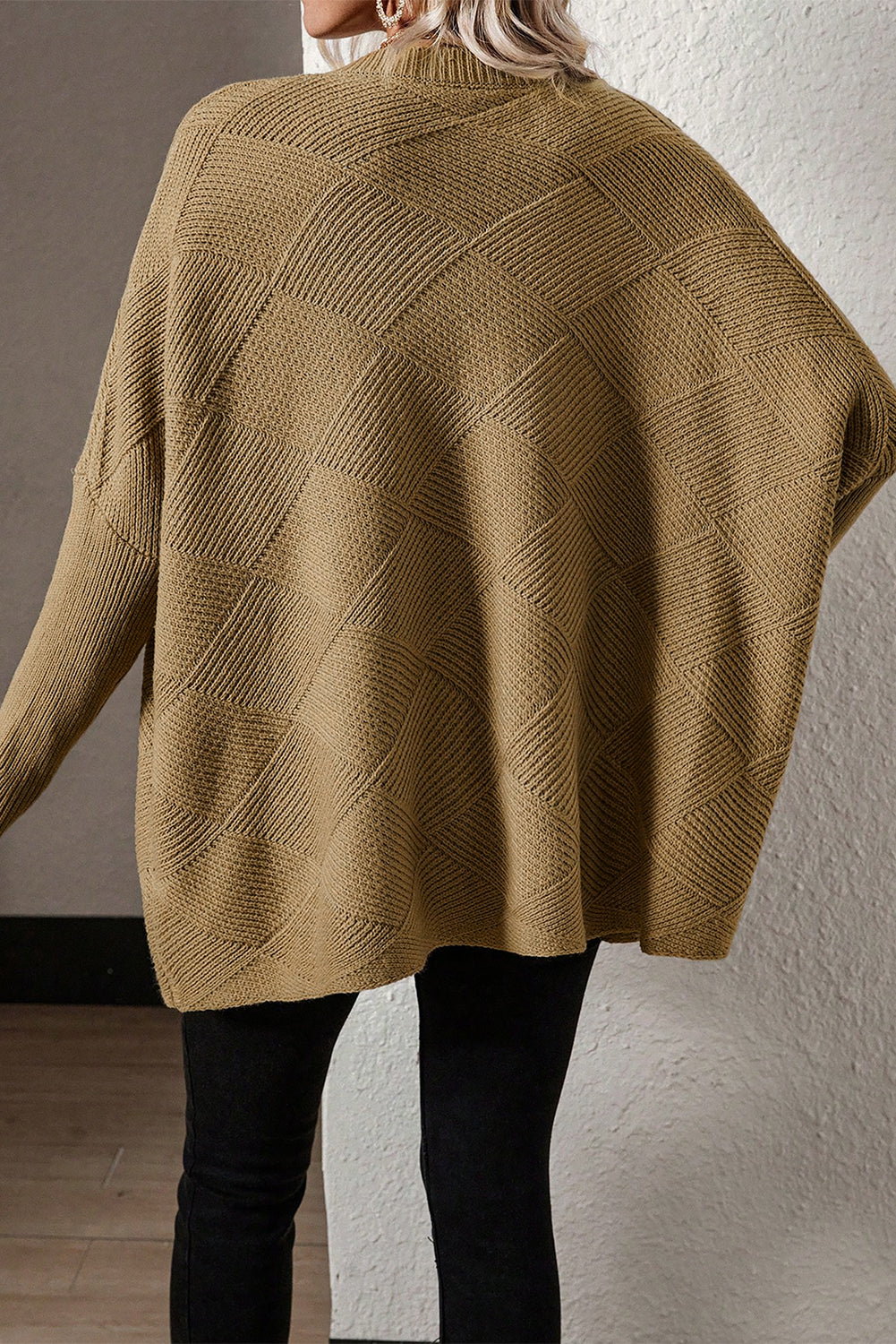 Camel Checkered Textured Batwing Sleeve Sweater