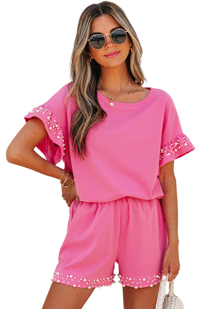 Bright Pink Textured Pearled Ruffle Sleeve Top 2 Piece Shorts Set