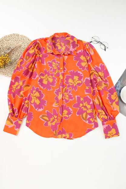 Orange Floral Print Lantern Sleeve Shirt