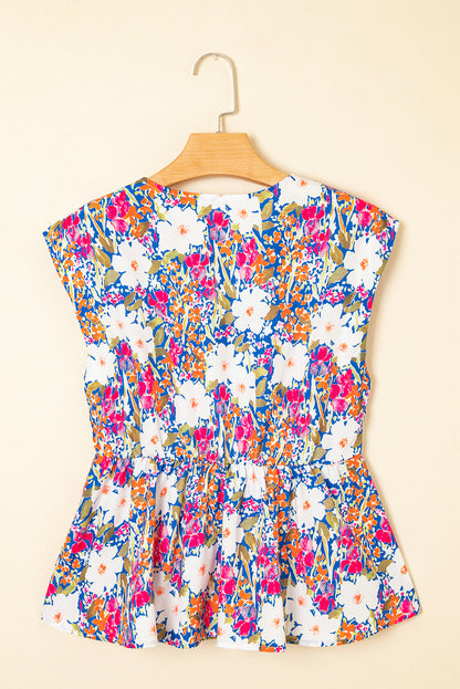 Rose Green Floral Print Bow Applique Slit Sleeveless Peplum Blouse