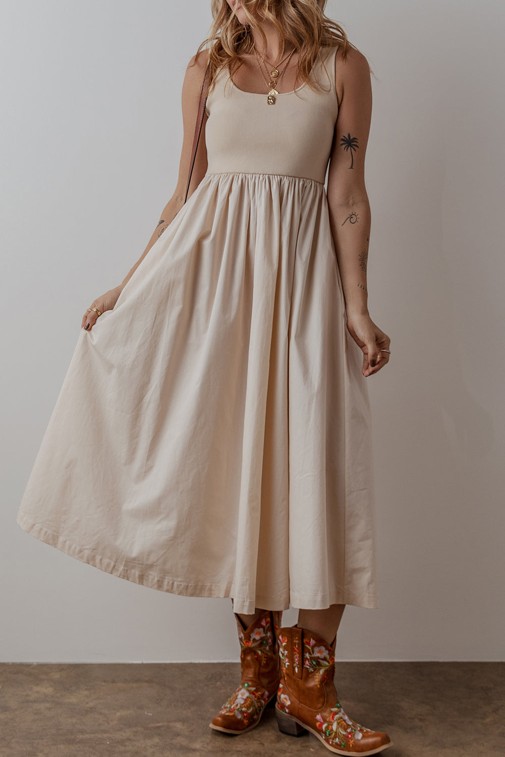 ribbed bodice maxi dress Beige Scoop Neck Ribbed Bodice Pleated Sleeveless Long Dress – Probably  Preppy
