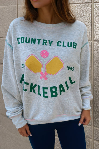 Light Grey COUNTRY CLUB PICKLEBALL Graphic Exposed Stitching Casual Sweatshirt