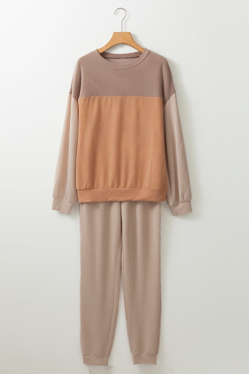 Brown Corded 2pcs Colorblock Pullover and Pants Outfit