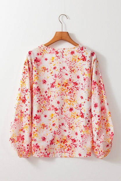 Pink Ditsy Floral Bubble Sleeve V Neck Blouse