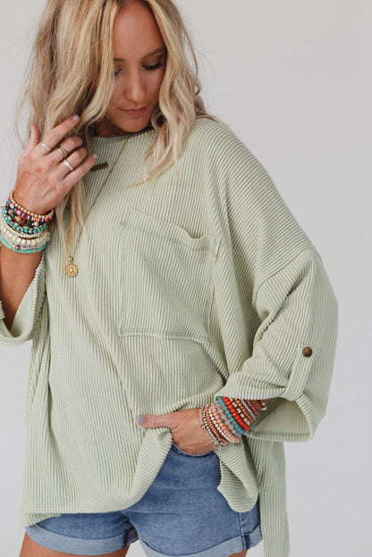 Green Ribbed Roll-tab Sleeve Chest Pocket Oversize Top