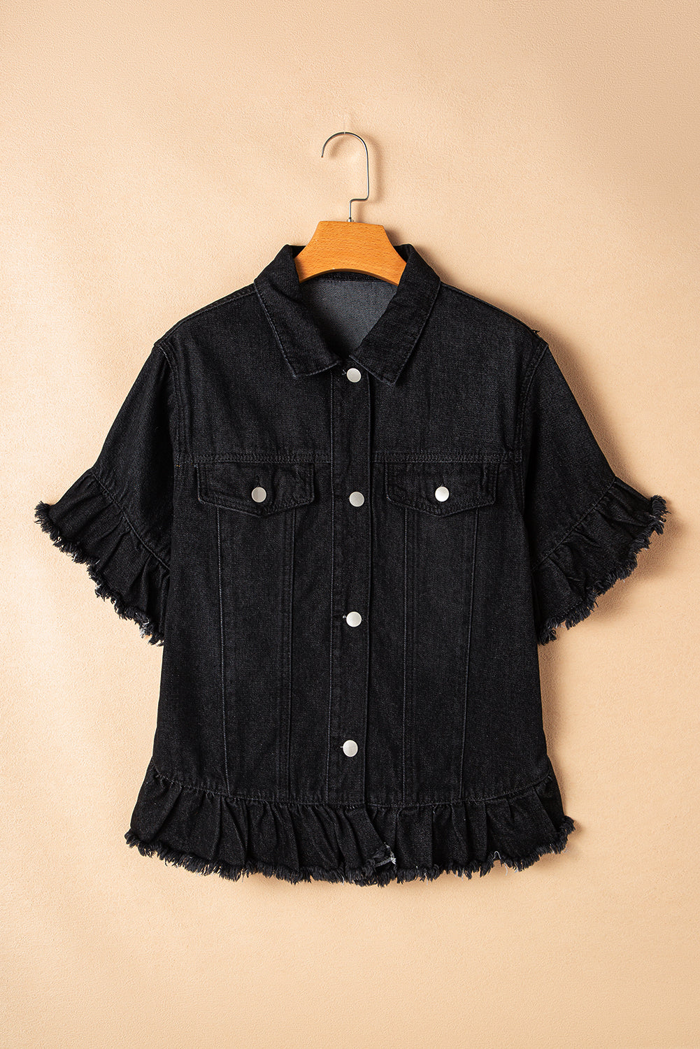 Black Raw Edge Ruffled Short Sleeve Denim Jacket