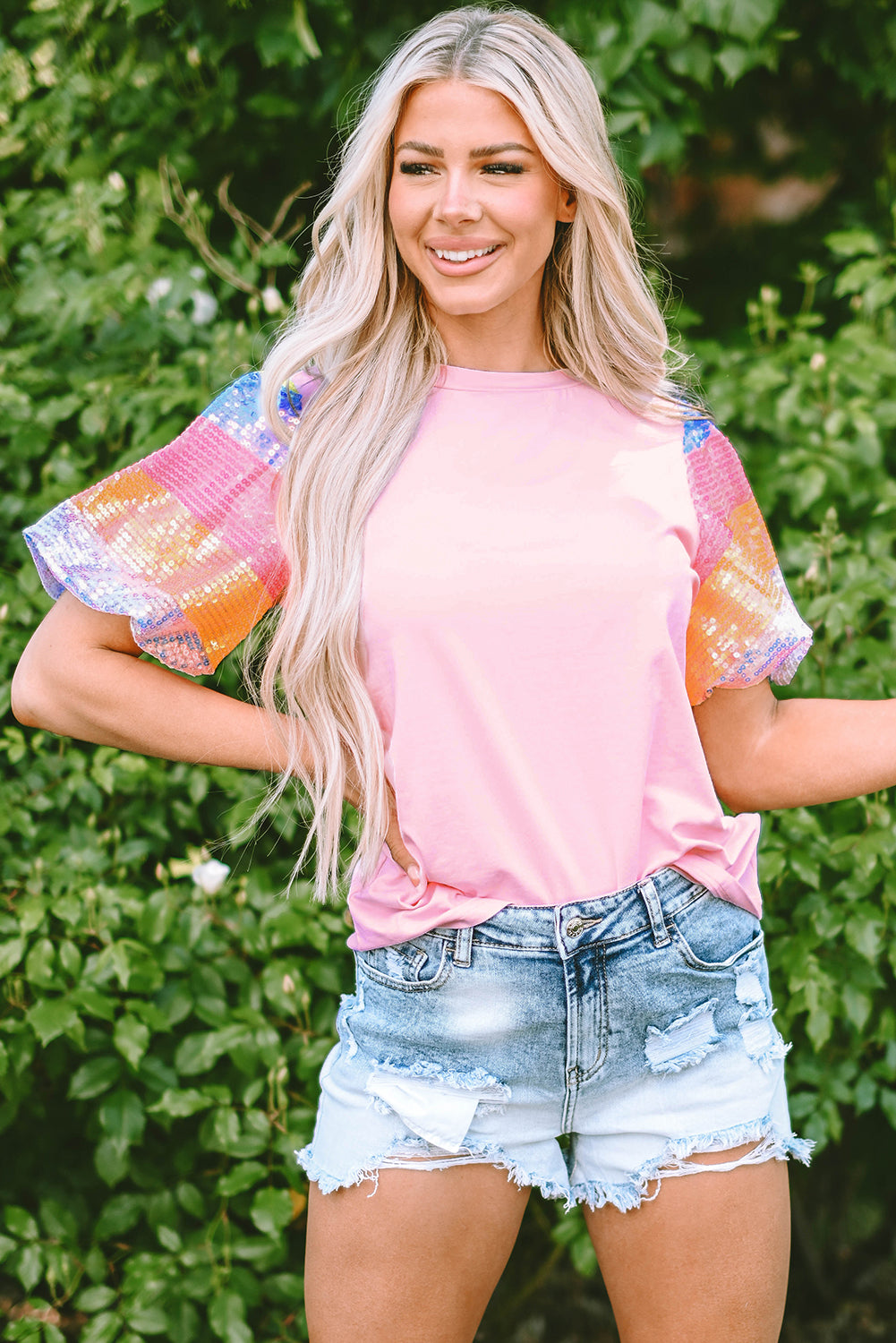 Pink Sequin Colorblock Striped Puff Sleeve Top