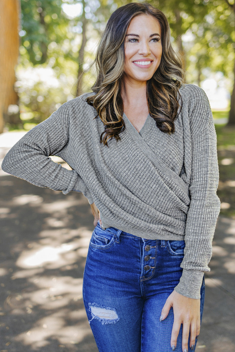 Gray Wrap V Neck Waffle Sweater