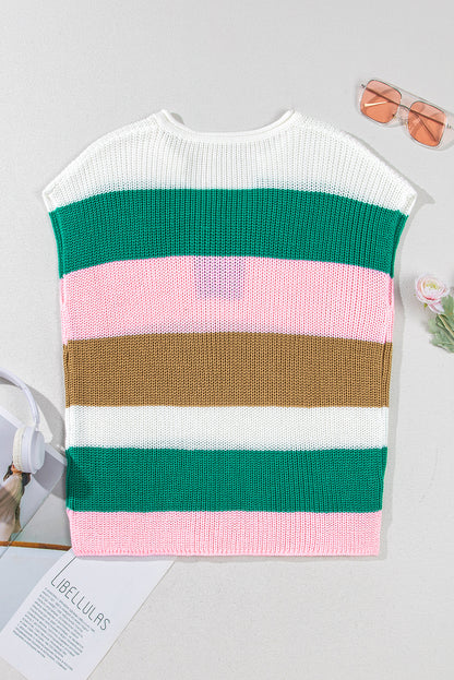 Multicolour Color Block Notch V Neck Sweater T Shirt