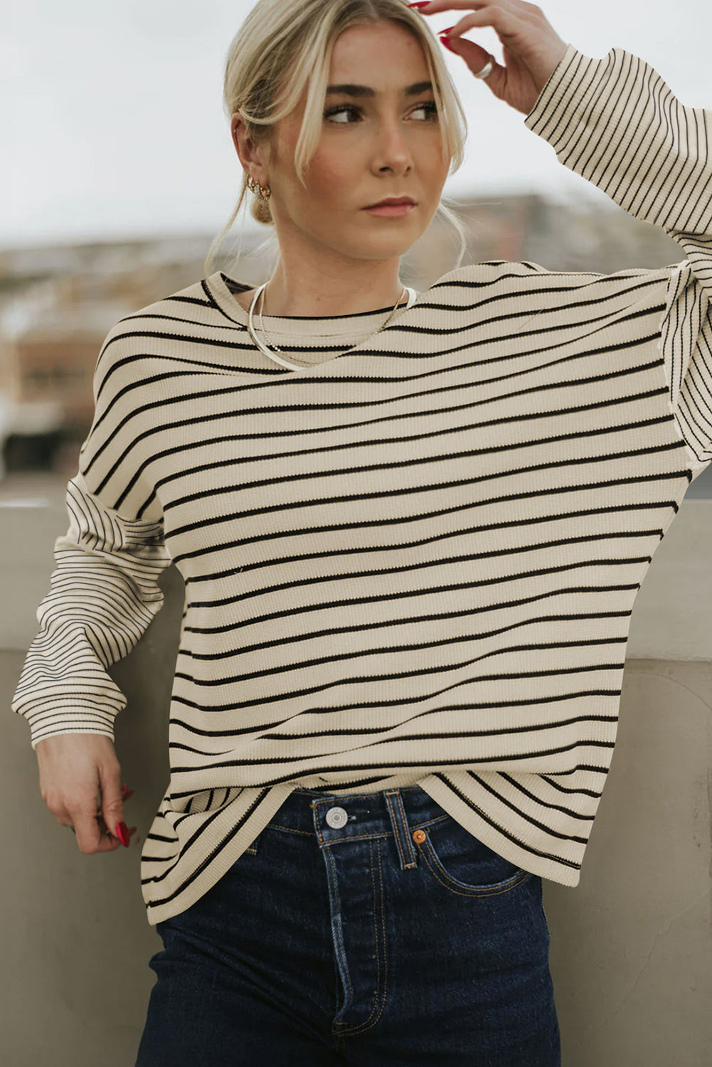 Black Striped Patchwork Loose Long Sleeve Tee