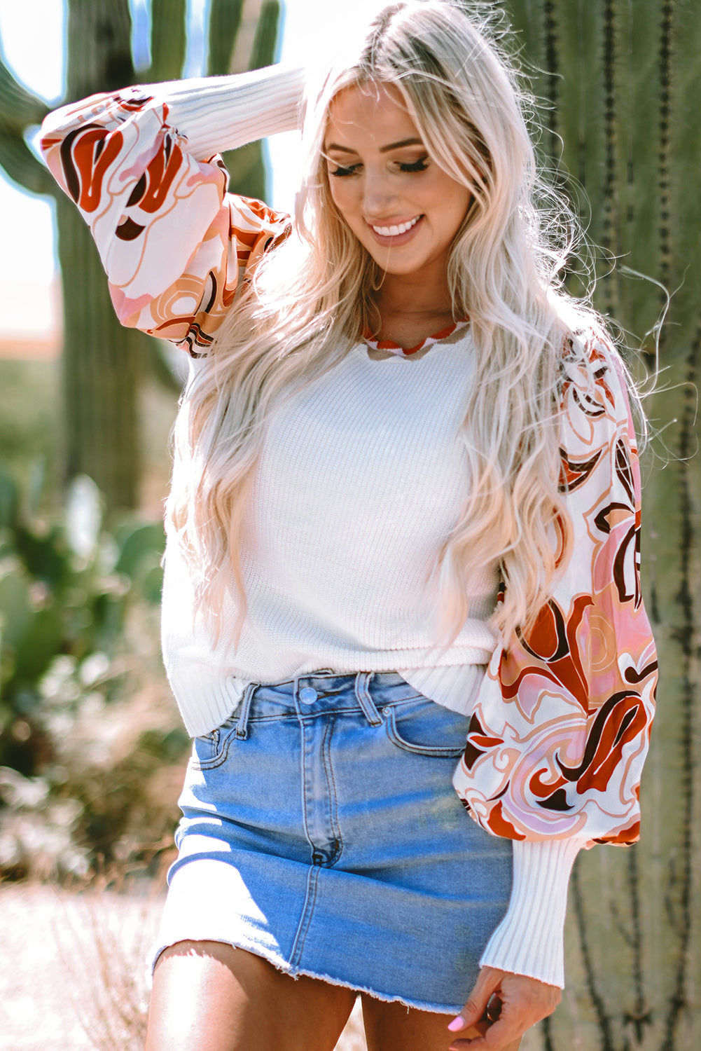 White Floral Patch Bishop Sleeve Sweater