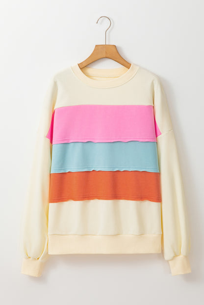 White Colorblock Patchwork Crewneck Drop Shoulder Sweatshirt