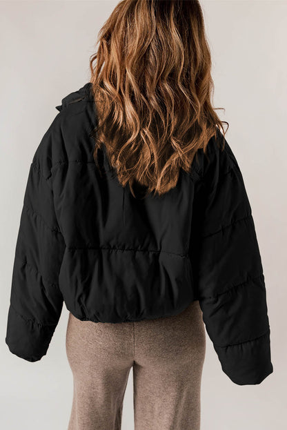 Black Zip Up Drawstring Hem Puffer Jackets