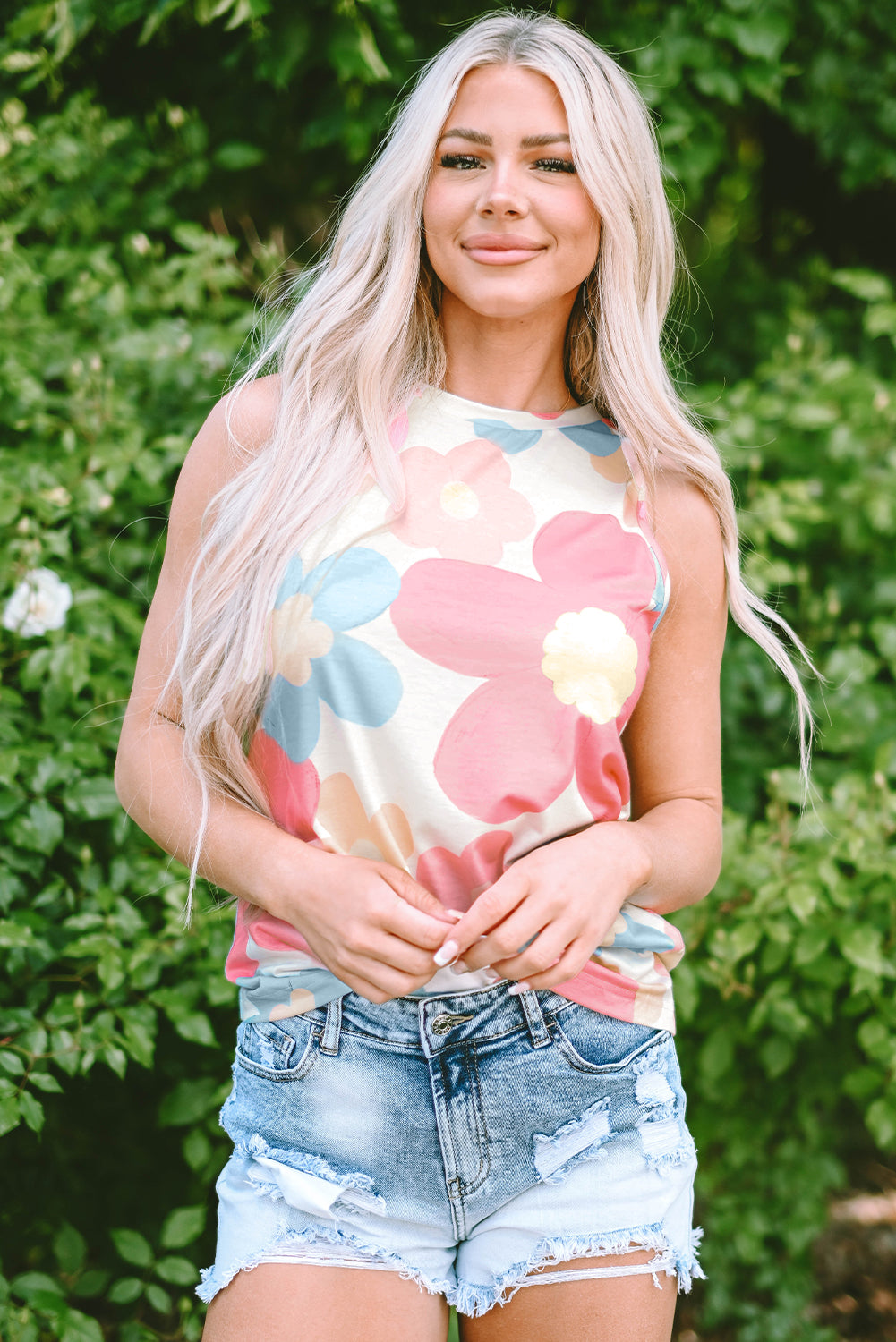 Pink Floral Print Round Neck Sleeveless Top