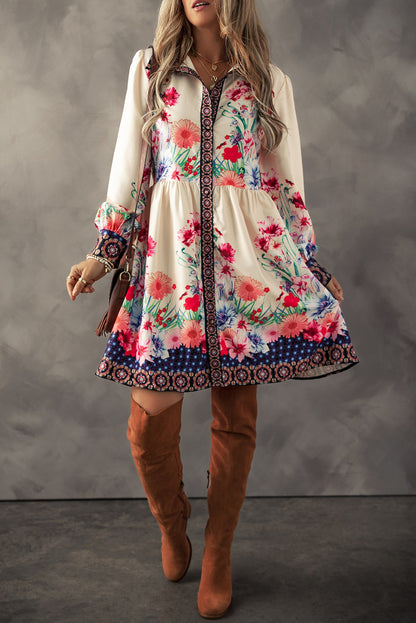 Apricot Floral Print Buttoned High Waist Shirt Mini Dress