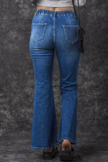 Blue Elastic High Waist Flare Jeans