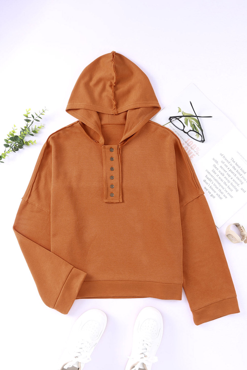 Orange Casual Button Solid Patchwork Trim Hoodie