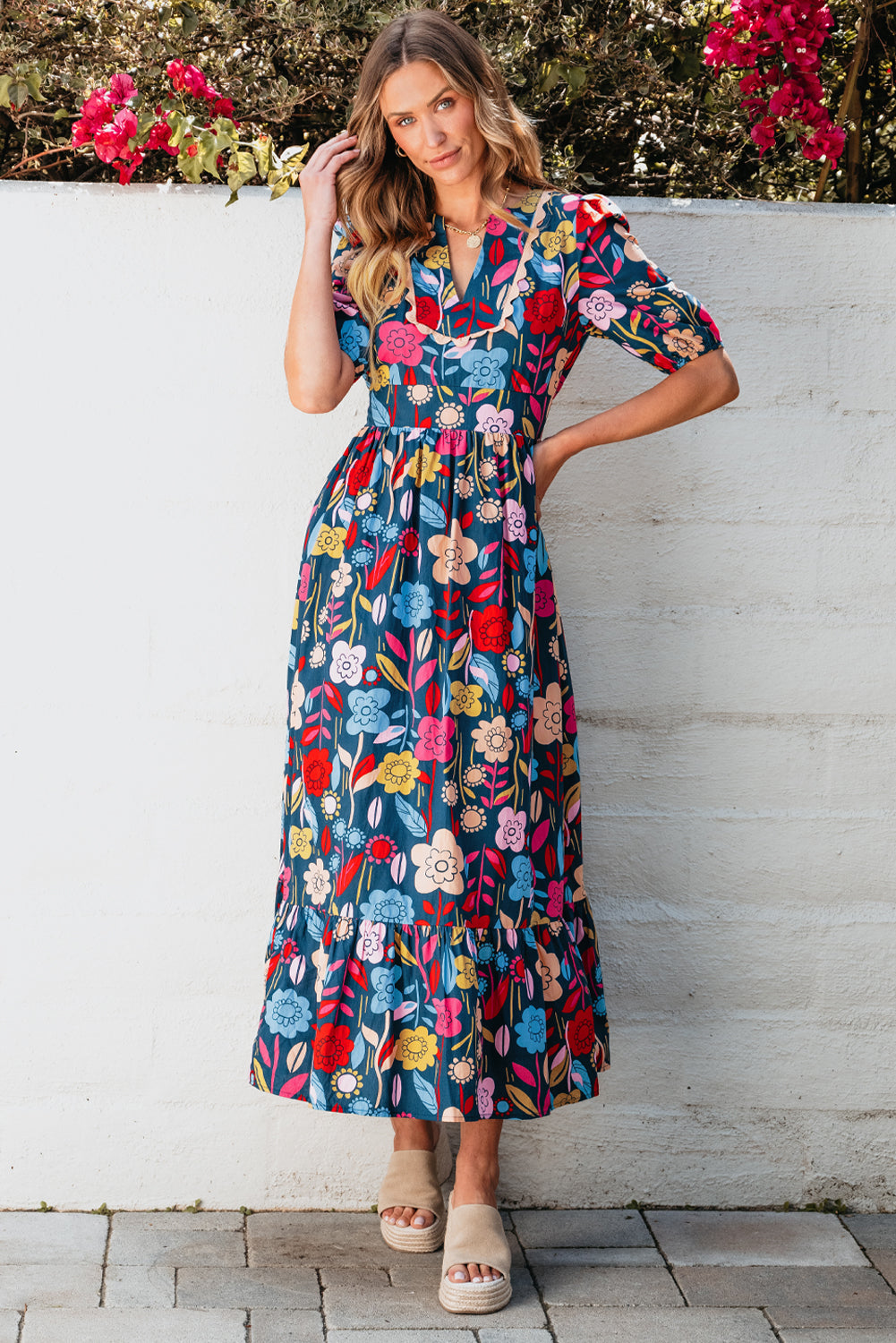 Green Retro Floral Printed Split Neck Maxi Dress