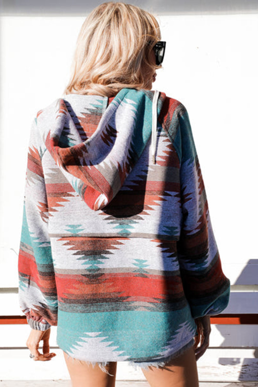 Multicolor Aztec Print Zipped Split Neck Hoodie