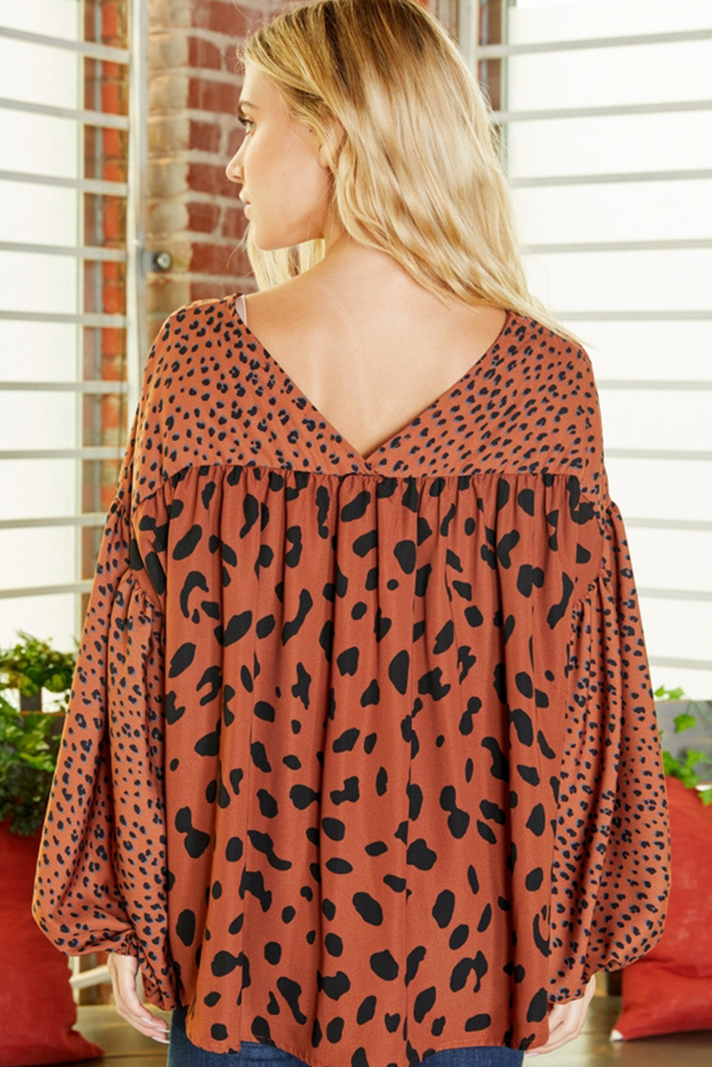 Brown Contrast Leopard Print Bubble Sleeve Blouse