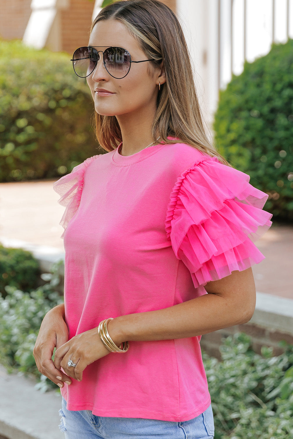 Pink Tulle Ruffle Sleeve Blouse