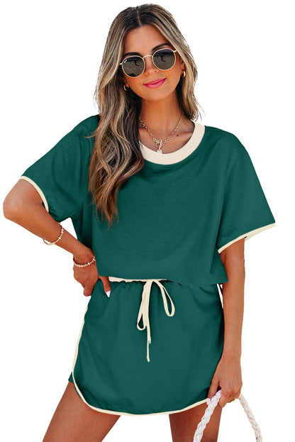 Evergreen Colorblock Edge Drop Shoulder T Shirt and Skirt 2Pcs Set