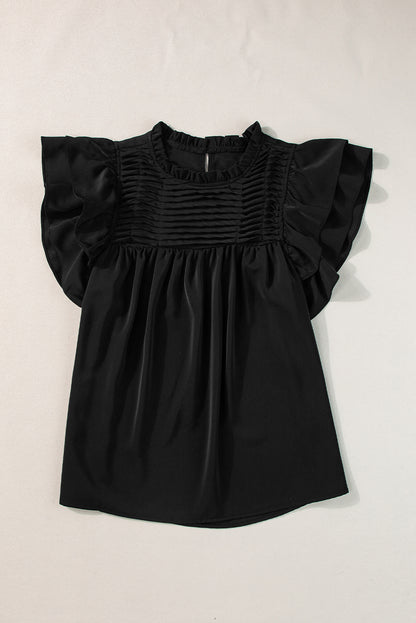 Black Smocked Ruffle Sleeve Blouse