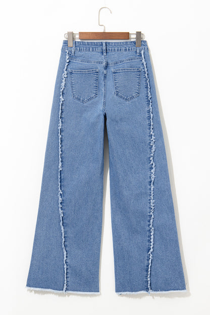 Beau Blue Vintage Stitching Raw Hem Flared Jeans