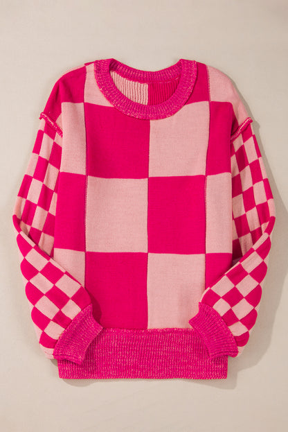 Rose Red Mixed Checkered Pattern Drop Shoulder Loose Sweater