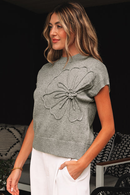 High Flower Pattern Ribbed Trim Short Sleeve Boxy Sweater