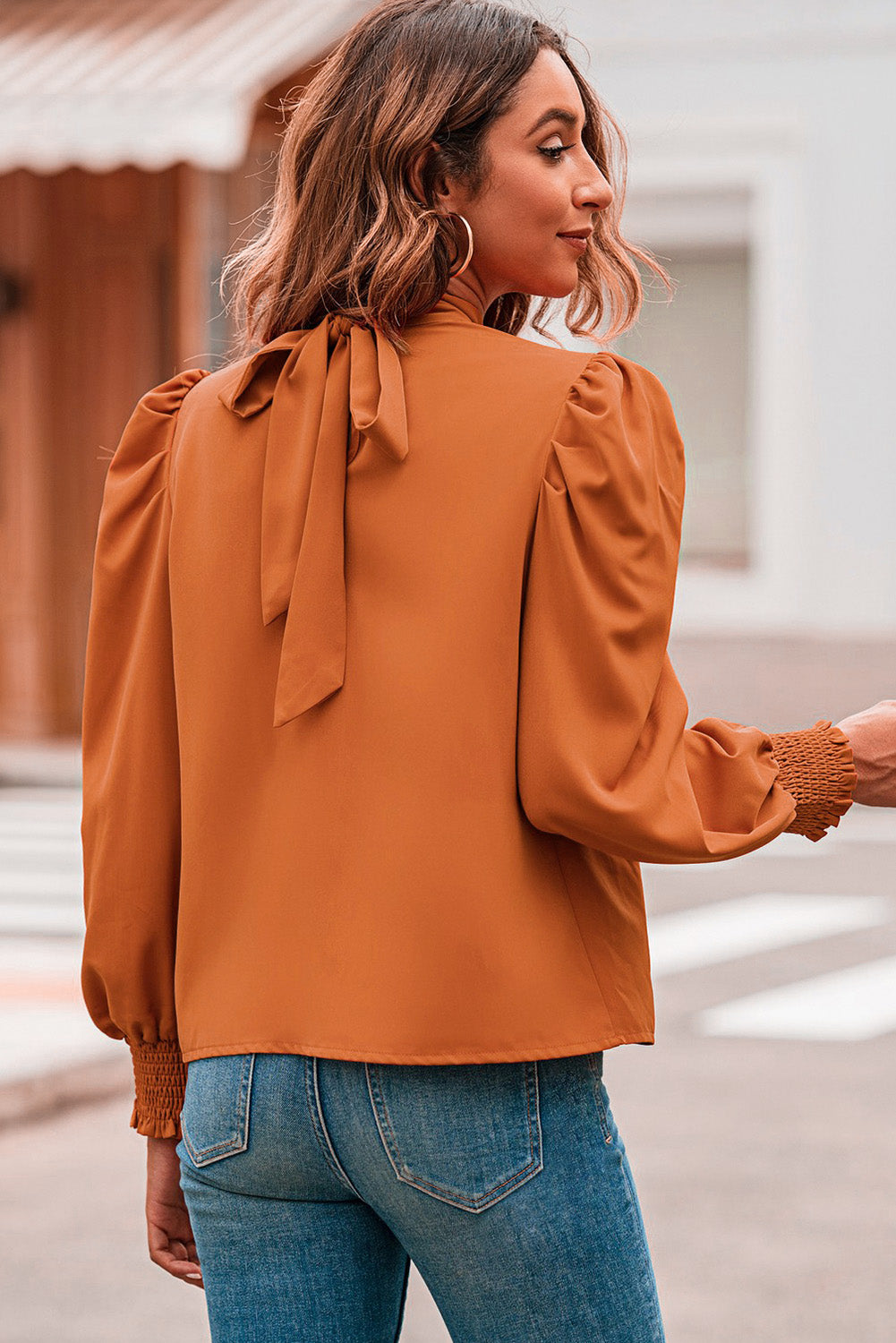 Orange Long Bubble Sleeve Mock Neck Chiffon Blouse